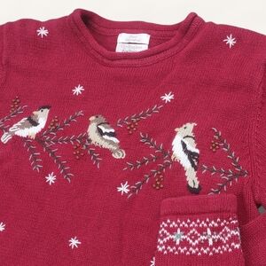 Vintage Hand Embroidered Red Sweater Winter Birds Snowflakes Size M